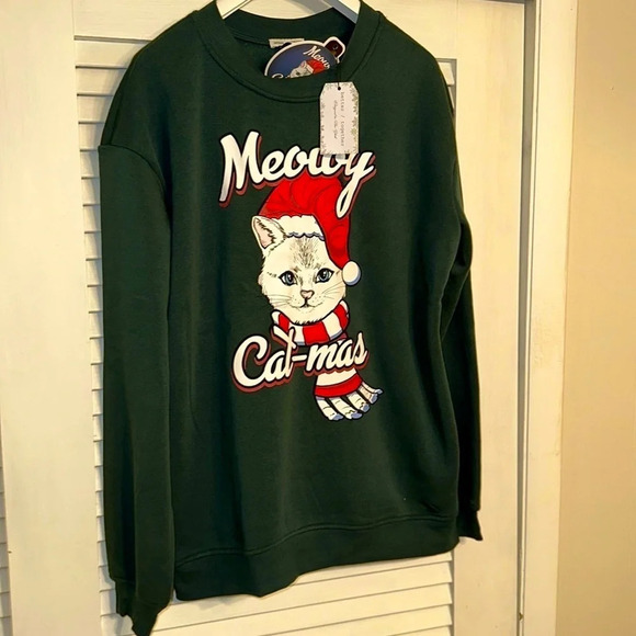 NWT Meowy Cat-mas Green CAT Holiday Christmas Long sleeve Sweatshirt ASST SIZES - Picture 1 of 7